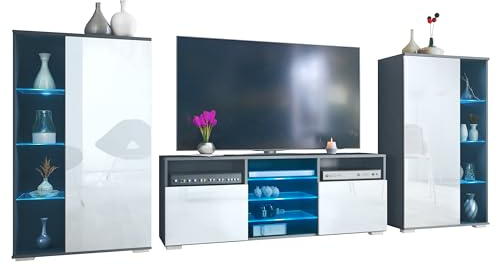 Vladon Wohnwand Davos, Anbauwand bestehend aus 2 Vitrinen und 1 TV-Board, Anthrazit matt/Weiß Hochglanz inkl. LED-Beleuchtung (329 x 134 x 35 cm)