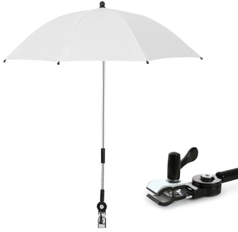 Sombrilla para cochecito y silla de paseo, protección UV 50 + / 75 cm de diámetro, universal, con abrazadera de metal, soporte para tubos redondos y ovalados, paraguas ajustable (blanco)