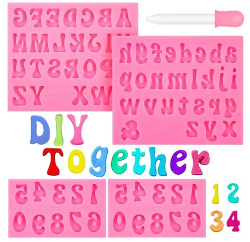4 Pcs Silicone Letters Numbers Mold, DIY Baking Fondant Molds, 3D Silicone Mould 0-9 Number A-Z Letter Alphabet Chocolate Candle Biscuit Gummy Jelly Making Mould for Birthday Cake Dessert Decoration
