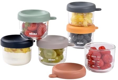 BÉABA, Coffret 6 Portions Verre Conservation Repas Bébé/Verre Résistant, 100% Hermétique, Résiste Chaleur Froid, Congélation, Stérilisation, Graduation, 150 ml, Sunrise
