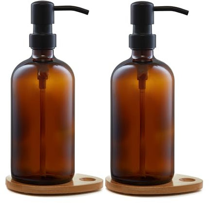 BOHO BAMBOO Set of 2 Refillable 500ml Amber Glass Pump Bottles with Bamboo Drip Trays – Ideal for Eco-Friendly Soap, Shampoo, Kitchen, Bathroom