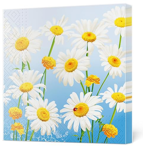 Daisy 3-lagige Frühlingsblumen-Seidenpapier-Servietten für Serviettentechnik, Mittagessen, 33 cm x 33 cm, 20 Stück (schöne Margeriten auf blau)