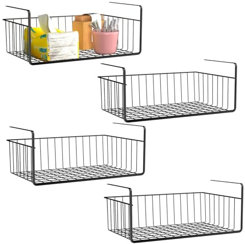 AufuN 4 Stück Unterregal Aufbewahrungskorb, Hängekorb Metall Drahtkorb Regal Unter Schrank Korb-Organizer Hängender Regaleinhängekorb für Küche, Büro, Speisekammer, Bad, Schrank , 40x25x15 cm