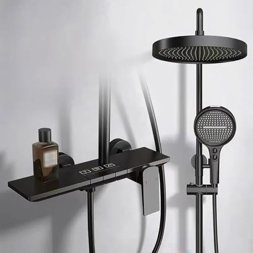 Duschsystem Regendusche mit Armatur, Höhenverstellbar Duscharmatur Komplettset mit 32.5cm Kopfbrause, 4-Strahl Handbrause Duschset inkl Brausestange und Schlauch(Black)