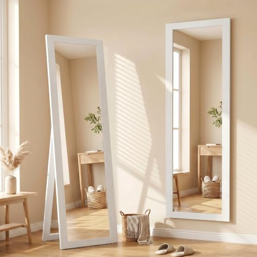HOMCOM Ganzkörperspiegel Standspiegel Rahmen Holzoptik, 157 x 37 cm Weiß | Rechteckig, Wandspiegel zum Stehen, zum Anlehnen, Groß Spiegel, Für Flur Wohnzimmer Schlafzimmer