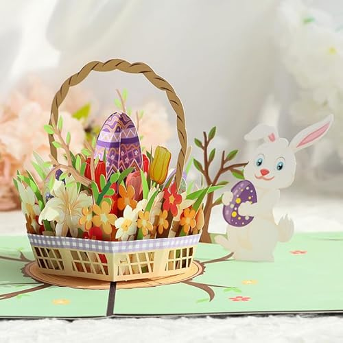 SilverChry Pop up Karte, Osterkarte für die Familie, Osterkarten mit Umschlag, Osterkarten 3D, 3D-Kaninchen, Eier und Blumenkorb (Kaninchen)
