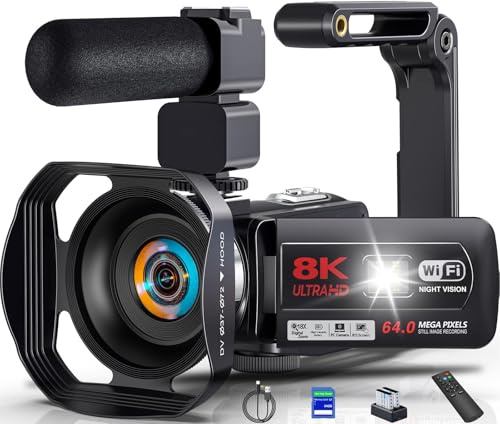 Caméscope Caméra Vidéo 8K 64MP Vlogging Caméra pour Youtube,WiFi Vision Nocturne IR Écran Tactile 3 Zoom Numérique 18X Webcam Video Camera avec Mic,Stabilisateur, Télécommande,Carte SD 64 Go et Piles
