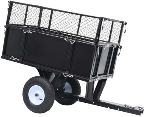 Runheo Rimorchio basculante per tosaerba con carico di 150 kg, rimorchio da giardino in acciaio, 130 x 52 x 87 cm, frizione universale, ruote pneumatiche, pareti laterali pieghevoli, ideale per aiuole