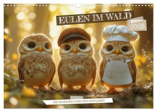 Eulen im Wald - Die geheimen Jobs und Aufgaben (Wandkalender 2026 DIN A3 quer), CALVENDO Monatskalender: Erlebe Eulen von ihrer spaßigsten Seite, ... Aufgaben erfüllen (CALVENDO Tiere)