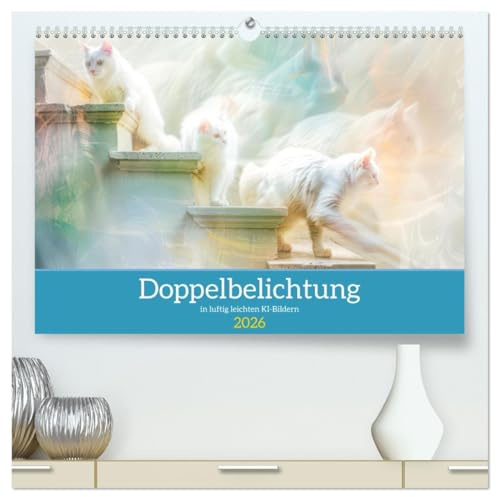 Doppelbelichtung in luftig leichten KI-Bildern (hochwertiger Premium Wandkalender 2026 DIN A2 quer), Kunstdruck in Hochglanz: Tier- und Menschenwelt in zarten Farben (CALVENDO Kunst)