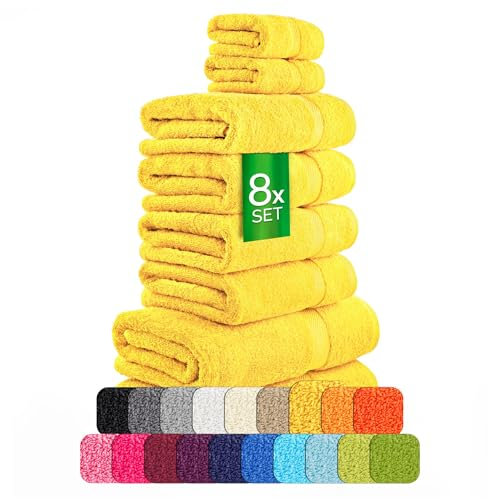 etérea Carli Frottee Handtücher Set - 100% Baumwolle - Oekotex 500 GSM - 8 TLG - 2X Duschtuch 70x140 + 4X Handtuch 50x100 +2X Gästehandtücher 30x50 - Bath Towel Frottiertücher - Gelb