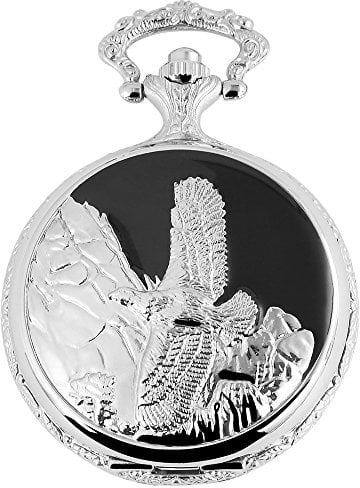 FAME Taschenuhr inkl. Kette und Clip - Adler Berge - Weiß Silber Schwarz Klassik Analog Quarz Metall Arabische Ziffern