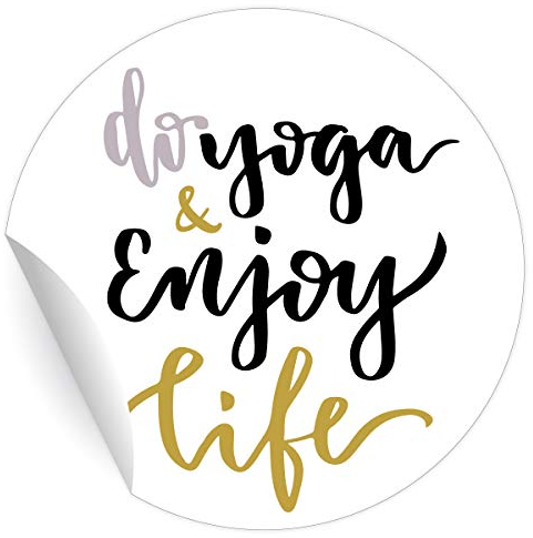 24 motivierende Yoga Aufkleber mit Motto do yoga & enjoy life, MATTE universal Papieraufkleber für Wellness Geschenke, Mitgebsel, runde selbstklebende Sticker ø 45mm
