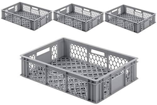 VE (4 Stk.) Gastronomie Stapelkiste Euro-Maß, 600x400x170 mm (LxBxH), Wände und Boden offen, mit Grifföffnungen, lebensmittelecht aus HD-PE (grau)
