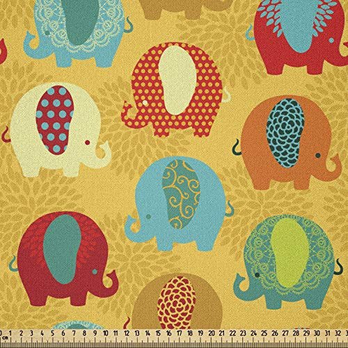 ABAKUHAUS Urwald Stoff als Meterware, Elefanten Asiatische Ornamente, Microfaser Stoff für Dekoratives Basteln, 1M (230x100cm), Mehrfarbig