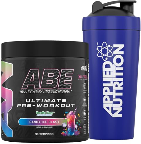 Applied Nutrition Bundle ABE Pre Workout 375g + 750ml Steel Protein Shaker | All Black Everything Pre Workout Powder, Energy & Physical Performance with Creatine, Beta Alanine (Candy Ice Blast)