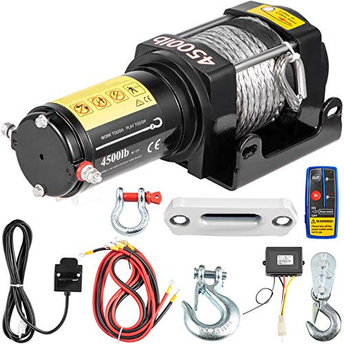 VEVOR Treuil Électrique 12V 4500lbs, Avec Télécommande sans Fil, Corde Synthétique de 13M Plus Dur Que l'Acier, Boîte de Contrôle Etanche IP67