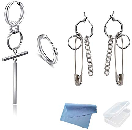 XHBTS 4 Stück Kette Sicherheitsnadel Ohrringe Bangtan Jungen Ohrstecker Doppelring Silber Edelstahl Kreuz Ohr Ohrstecker Kette Creolen für Frauen Männer Punk Schmuck mit Mini-Stoff und Mini-Box