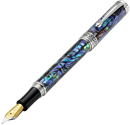 Xezo Maestro Fountain Pen, Medium Nib. Natural Abalone Sea Shell Inlay with Pure Platinum Plating. Handcrafted, Limited Edition, Serialized