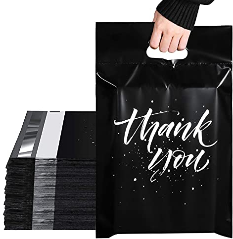 Switory Versandtaschen 12X15,5 (305x394mm), 100 Stück, Umschläge mit Griff, Verpackungstasche für Kleidung, selbstklebend, leicht zu tragen, wasserdicht und reißfest, schwarz (thank you)