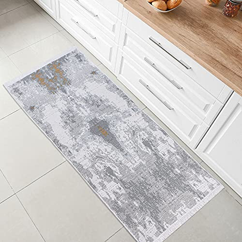 Fashion4Home Teppich Läufer - Tepiche für Wohnzimmer, Schlafzimmer, Küche, Kinderzimmer, Badezimmer - Boho Kelim - Läufer Flur, Abstract-Grau-Gold, Größe: 60x90 cm