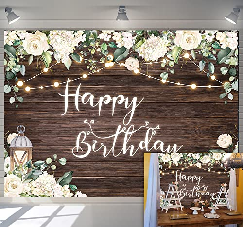 WDA Floral En Bois Joyeux Anniversaire Toile De Fond Marron En Bois Fleur En Bois Mur Photographie Fond Fête D'anniversaire Décoration Bannière Studio Photo Booth Props (2,1 x 1,5 m)