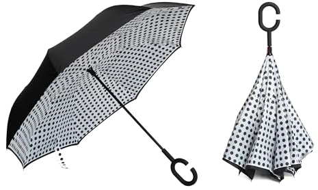 Braty Decorations Seitenverkehrter Stockschirm, Innovativer Regenschirm, Doppelschichtiger Regenschirm, Umgekehrter Regenschirm, Regenschirm mit C-förmigem Griff - Schwarze Punkte, L