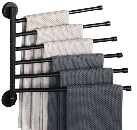 Alise Porte-Serviettes pivotant, Pliable à 6 Bras pour Salle de Bain, Support Mural pour Linge, Porte-Serviettes pivotant en Acier Inoxydable SUS304 pour économiser de l'espace, Noir Mat