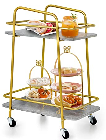 COSTWAY Küchenwagen mit Universalrädern, Servierwagen 2 Ablagen, Marmor Barwagen Modern, Mobiler Rollwagen, Haushaltswagen Stahlrahmen, Mehrzweckwagen für Haus, Restaurant, Allzweckwagen Golden