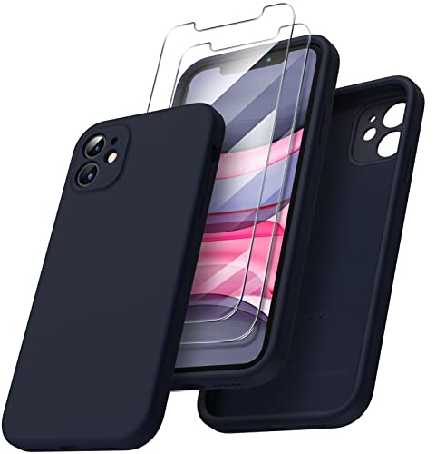 ORNARTO Compatible with iPhone 11 Case 6.1 inch, with 2 Screen Protector Liquid Silicone Gel Rubber Cover [Square Edge] [Full Body] Shockproof Protective Phone Case for iPhone 11-Navy Blue