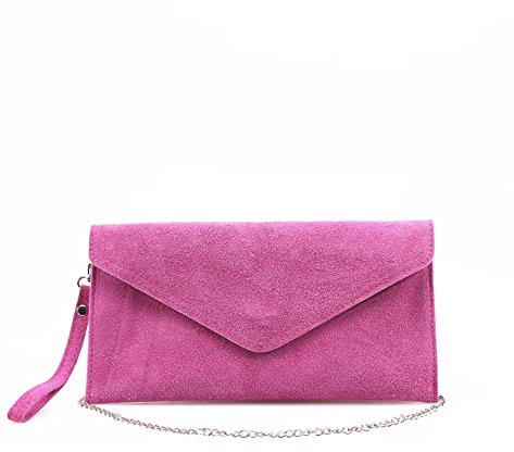 Le11 Genuine Italian Suede Leather Envelope Clutch Bags Party Wedding Purse Handbag Cross Body Bag (Fuchsia)