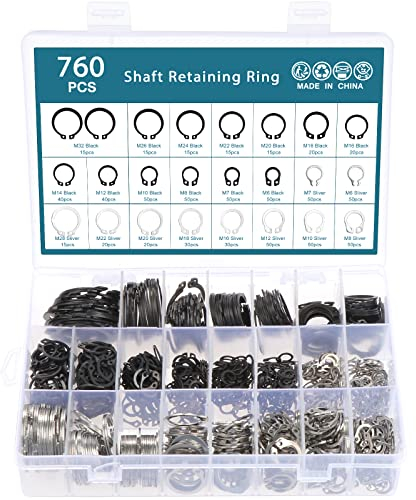HSEAMALL Externe Sicherungsringe, Sprengringe, Sortiment, C-Clips, Sicherungsringe auf gerillten Wellen, Stiften, Bolzen (760 Stück C-Clip, schwarz + silber)