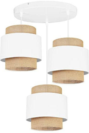 Light-Home Boho Hängelampe - Deckenlampe für Wohnzimmer Schlafzimmer und Esszimmer - Pendelleuchte aus Metall mit Lampenschirm aus Stoff - E27-3-Flammig Oval - Weiß und Jute