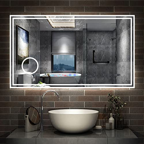 AICA Miroir de Salle de Bain LED avec Bluetooth, Mural Miroir avec Horloge + 3 Couleurs + Dimmable + Anti-buée + Grossissant 3X,Interrupteur Tactile Étanche IP44-120 x 70cm
