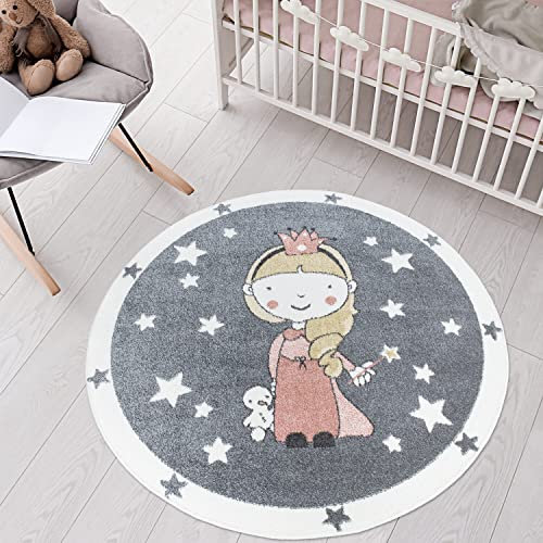 carpet city Teppich Kinderzimmer Prinzessin - Grau, Rosa - 160 cm Rund - Kinderteppich Kurzflor mit Sternen, Zauberfee - Weicher Flor
