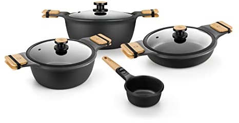 BRA Market | Batería de cocina 7 piezas, aluminio fundido, antiadherente sin PFOA, full induction, apto para todo tipo de cocinas incluida la inducción, pomo de madera de haya, cuerpo apto para horno