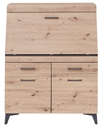 Stella Trading SECRET Sekretär Schreibtisch Kommode in Artisan Eiche Optik, Graphit - platzsparender Computertisch Schrank mit Schubladen - 98 x 124 x 42 cm (B/H/T)