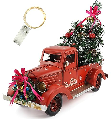 KuSONG Weihnachtlicher Vintage Roten Car mit Mini-Weihnachtsbaum-Schmuckstücken Handgefertigtes Farmhaus-Modell eines Metall-Pickup-Trucks (Groß)