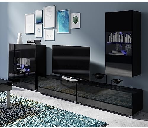 Lomadox Wohnwand Anbauwand schwarz Hochglanz 4-teilig Modern, mit 2 TV-Lowboards, 1 Hängevitrine, 1 Highboard