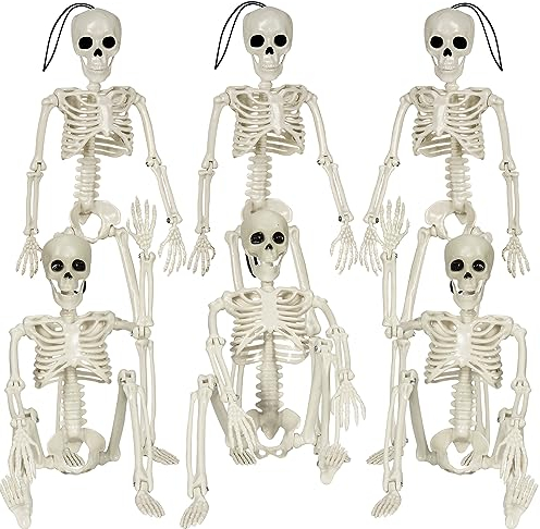 Halloween Skelett, 6-Pack 16 Ganzkörper Mini Skelett mit beweglichen Posable Gelenken, Gruseliges Skelett für Yard Garten Rasen Haunted House Friedhof Requisiten Dekor