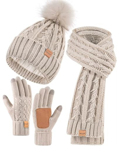 Womens Beanie Hat Scarf Gloves Set, Soft Fleece Lined Winter Hat with Pom Pom, Long Knit Scarf Neck Warmer Touchscreen Gloves for Cold Weather, 3 In 1 Warm Set Stocking Stuffers for Women(Oatmeal)