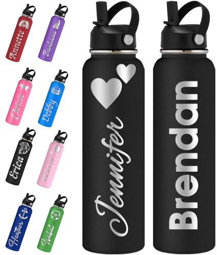 Xihedfd Personalised Water Bottles with Straw Lid 700ml/950ml/1150ml Custom Engraved Name Logo Stainless Steel Bottle Customised Insulated Thermos for School Sport Gym Work