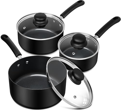 MICHELANGELO Nonstick Saucepan with Lid, Ceramic Sauce Pan Sets, Easy to Clean Sauce Pans, Multi-Purpose Cooking Pots, 1QT & 2QT & 3QT, Black