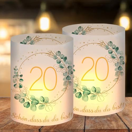 12 Windlicht Tischdeko 20 Geburtstag, Deko 20. Geburtstag Mädchen Junge, Happy Birthday Tischdeko 20. Geburtstag Frau Mann, Geeignet für Teelichter oder Kerzen mit Schön DASS Du Da Bist und Eukalyptus