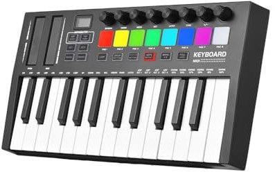 summina Midi-Controller 25-Tasten-MIDI-Keyboard-Controller, professionelles elektronisches Audio, intelligente tragbare Arrangier-Strike-Pad-Tastatur, Klavier, leichtes USB-5V/1A-Typ-C-OLED-Display,