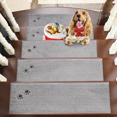 BEQHAUSE Stair Treads, 15 pcs Non Slip Stair Treads, 22x70 cm Stairs Carpet Tread Washable Machine for Kids Elders and Pets 100% Polyester, Grey