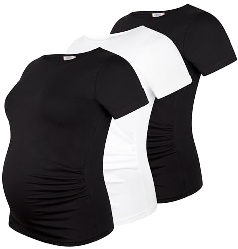 M.M.C. Umstandsshirt Kurzarm Damen 3er Pack – Umstandsmode Basic, unifarben, mitwachsende Raffung, 95% Baumwolle