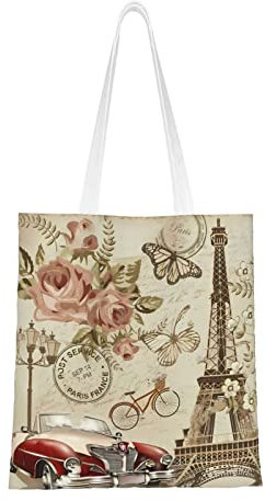 Paris Vintage-Postkarten-Canvas-Tragetasche, stabile Stofftasche, Baumwolle, für wiederverwendbare Einkaufstaschen, Einkäufe, Schule, Fitnessstudio, Schwarz , Einheitsgröße