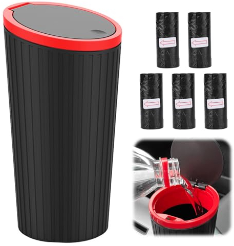 ALLOMN Car Rubbish Bin with Lid, Mini Car Cup Holder Trash Bin, Leak-Proof, ABS Plastic, Red+Black, 16.5x8.5x6.5cm, 785.15cc, 5 Roll Trash Bags