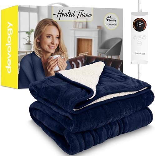 Devology Heated Throw - Electric Blanket - Digital Controller - Timer up to 12 hours, 6 Heat Settings, Auto Shutoff - Machine Washable - Single 130x160cm - Navy